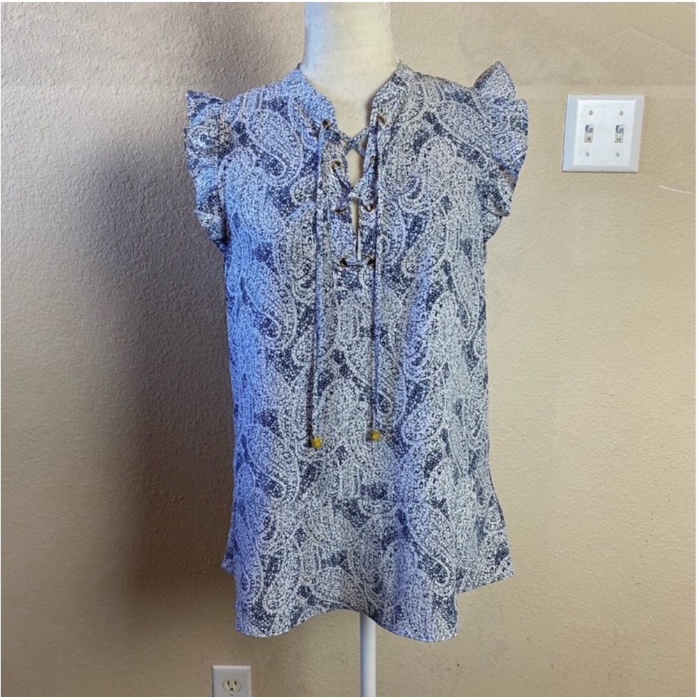Michael Kors Blue & White Lace Up Front Ruffle Sleeve Blouse Size Medium - Picture 12 of 13